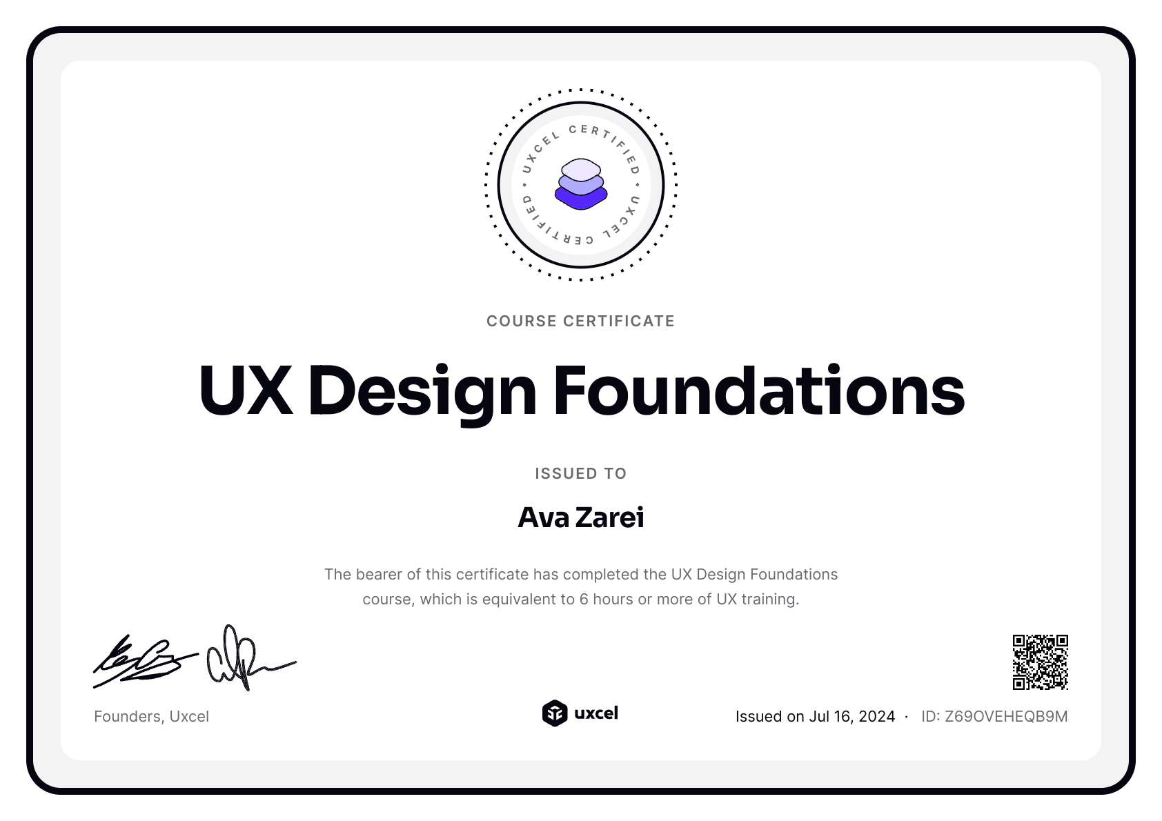 Ava Zarei's certificate